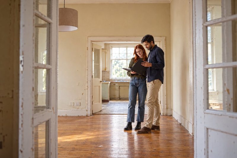 Young couple discussing their exploration package in their unrenovated home